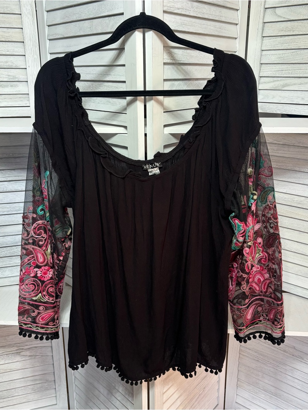 VENUS 3X Black Embroidered Mesh Sleeve Boho Top Pom Pom Trim